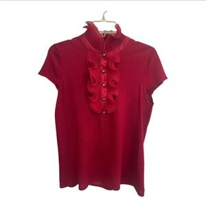 Adrienne Vittadini red ruffled collar shirt with gold buttons. Women size large